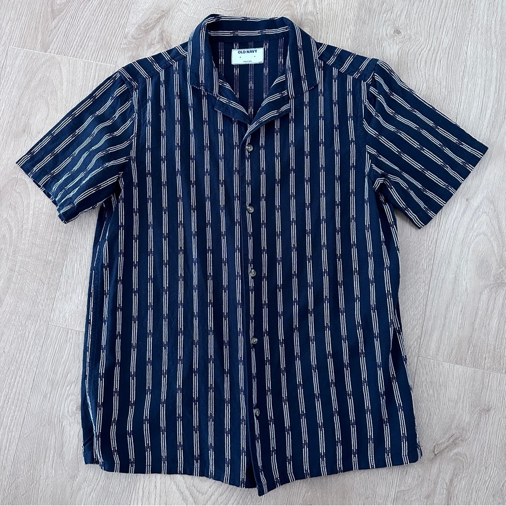 Unisex Retro Cotton Short Sleeve Button Down sz S - Navy Blue Striped